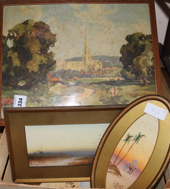 A pair of oval watercolours of desert scenes and prints, largest 40 x 31cm